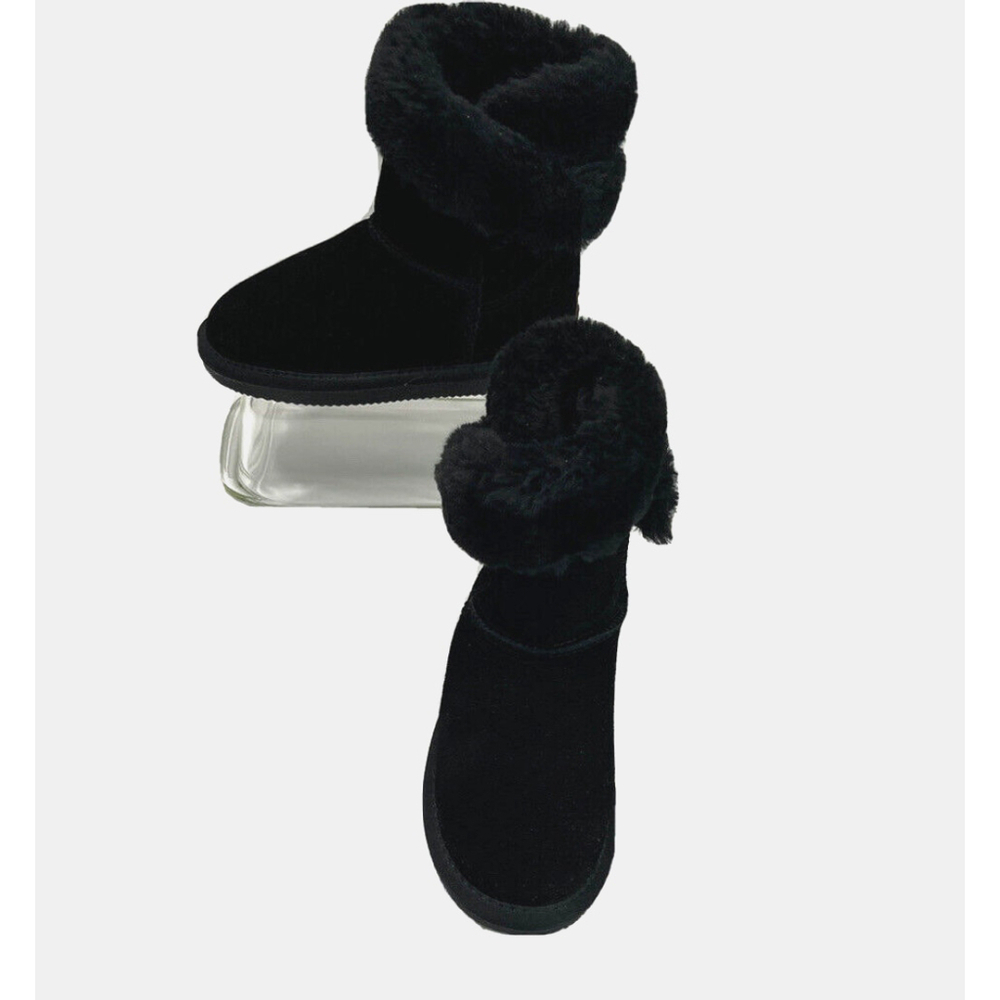 New Lamo Girls Black Suede Boots‎ Faux Fur Cuff Size 2 US Cold Weather Winter